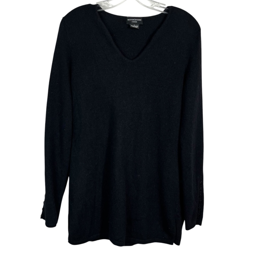 Sutton Studio 100% Cashmere Black Minimal V-Neck Fitted Sweater Medium M